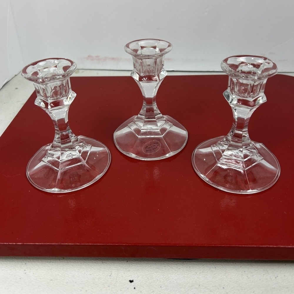 Vintage Libbey 24% Lead Crystal Candlestick Holders Set of 3 Clear Glass 4"